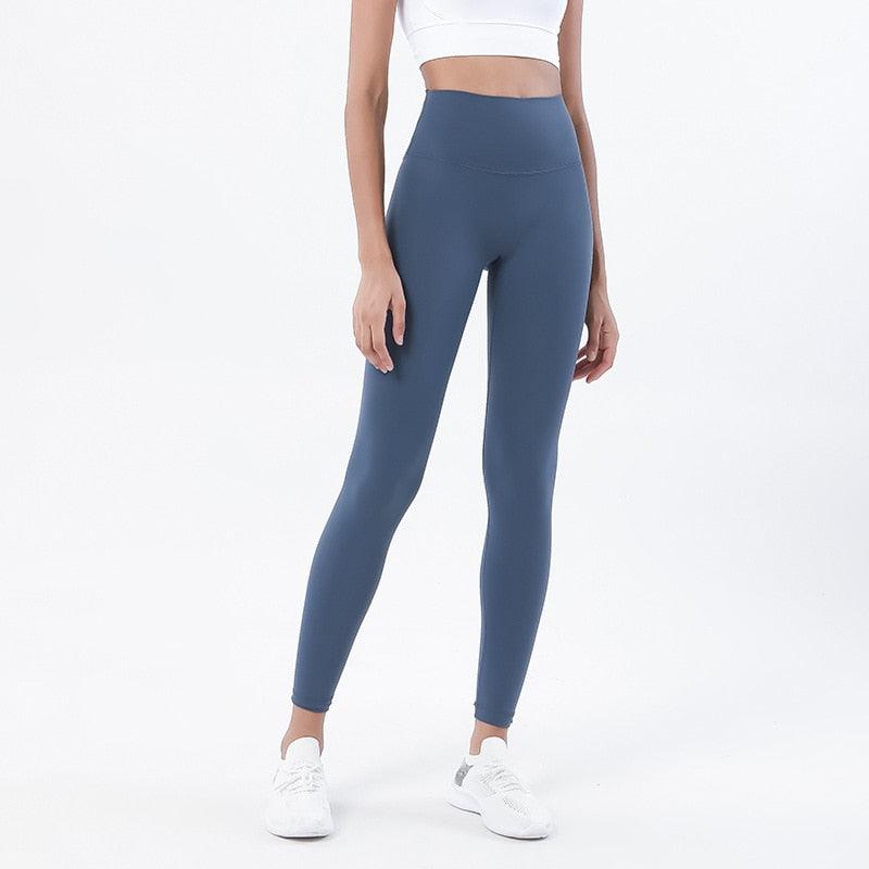 Yoga leggings Stevvex blue high-waist with stretchable fabric on model on Tampa Home & Garden Store