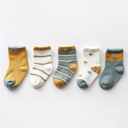 Stevvex 5-pack newborn baby cotton socks in mustard, teal, white stripes and leaf prints on Tampa Home & Garden Store