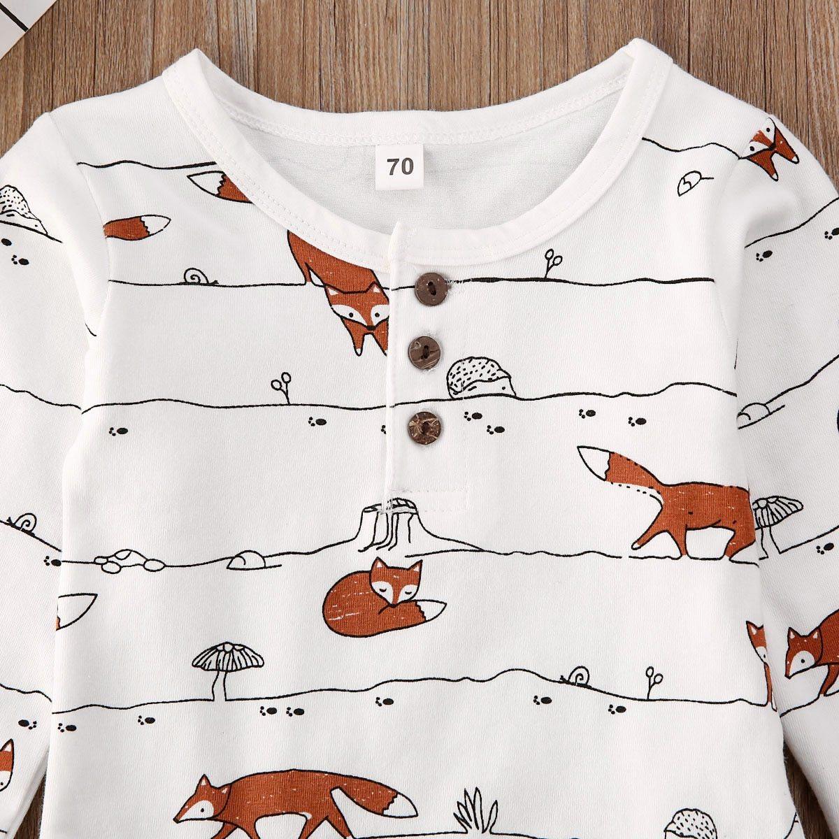 Stevvex white fox-print baby romper top with brown button placket, size 70, for boys and girls on Tampa Home & Garden Store
