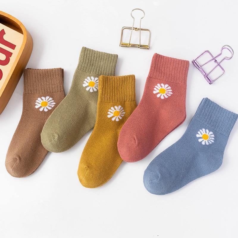 5-pair baby boys socks with white daisy embroidery in brown olive mustard pink blue cotton on Tampa Home & Garden Store