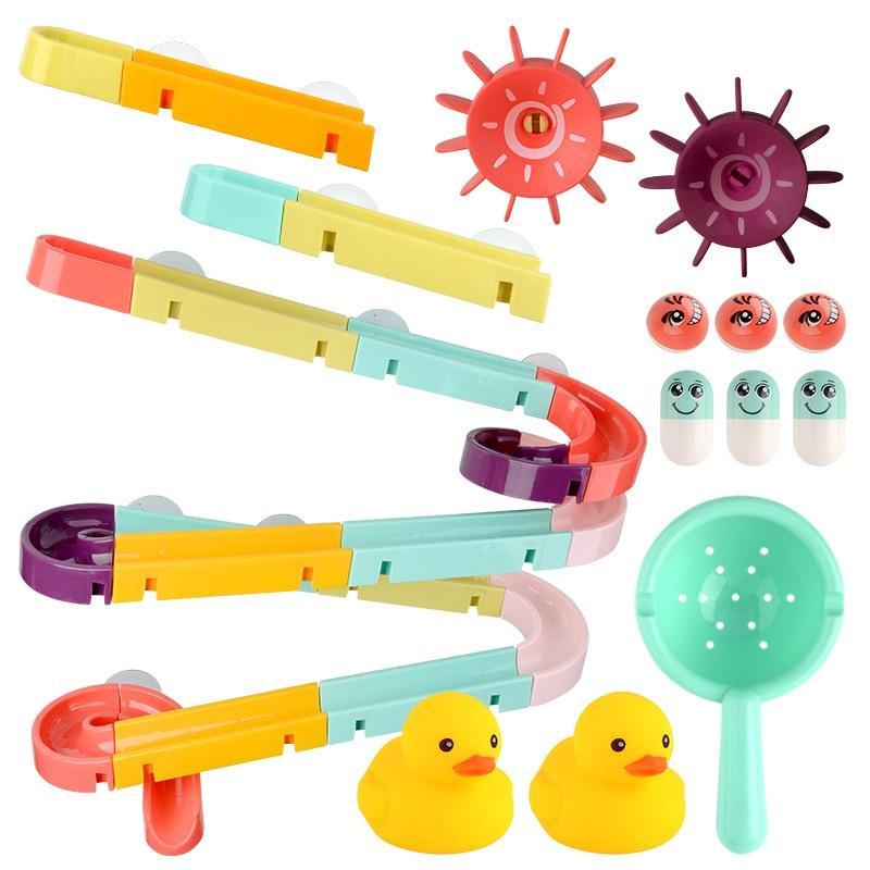 Bath Toys Marble Race Orbits track set by Stevvex with colorful pieces and 2 yellow ducks on Tampa Home & Garden Store