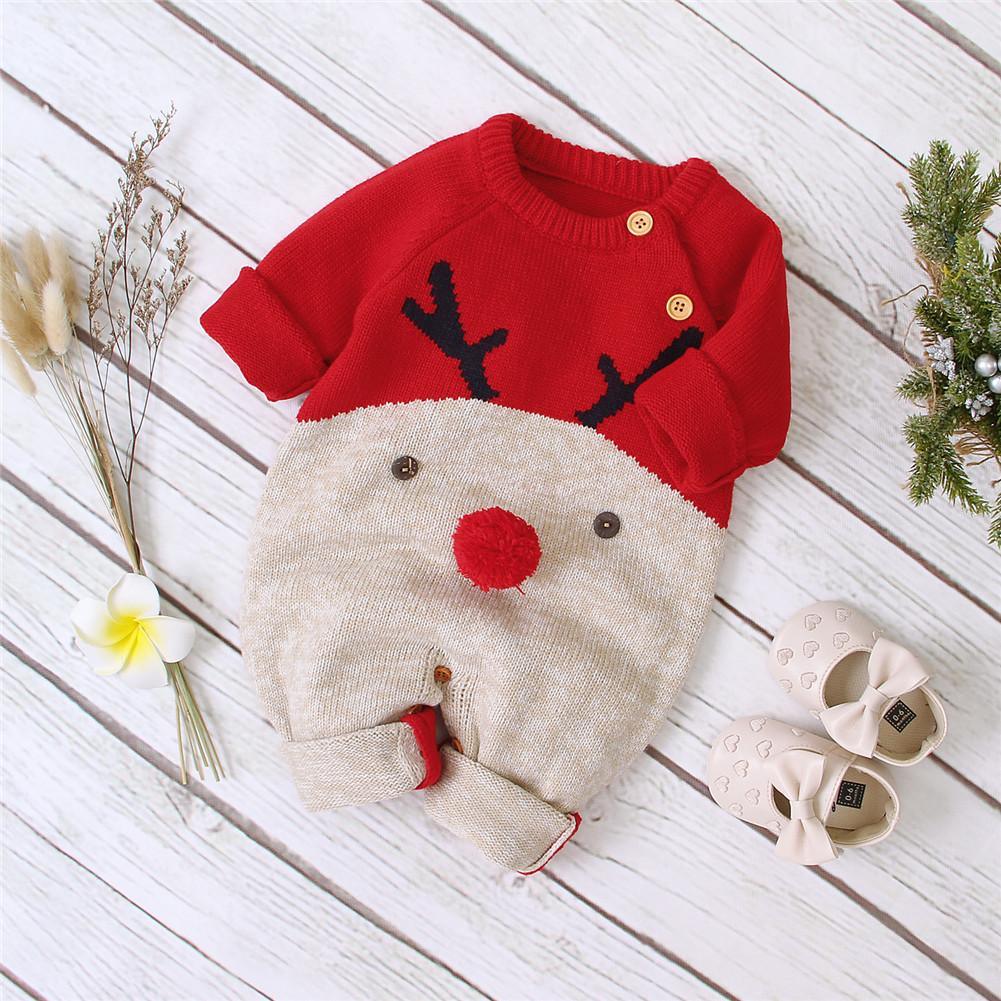 Baby Christmas reindeer knitted jumpsuit by Stevvex, red top with antlers, 0-2Y on Tampa Home & Garden Store