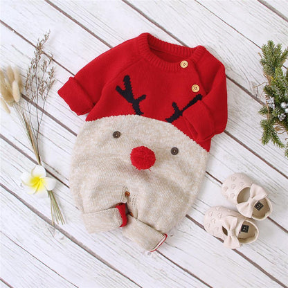Baby Christmas reindeer knitted jumpsuit by Stevvex, red top with antlers, 0-2Y on Tampa Home & Garden Store