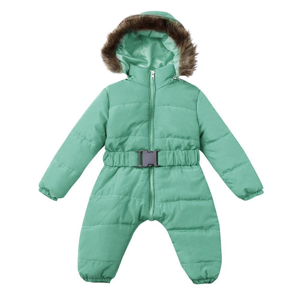 Infant hooded snowsuit Stevvex green padded with fur-trimmed hood and belt on Tampa Home & Garden Store