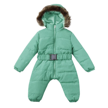 Infant hooded snowsuit Stevvex green padded with fur-trimmed hood and belt on Tampa Home & Garden Store