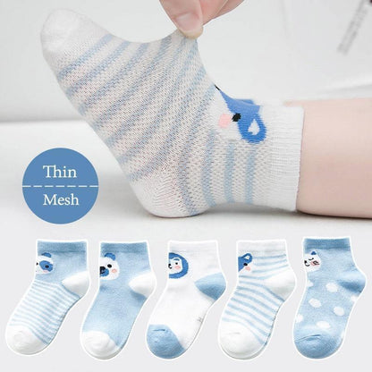 Stevvex 5-pair cotton baby socks set, thin breathable blue/white mesh with cartoon patterns on Tampa Home & Garden Store