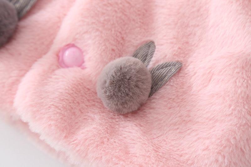 Stevvex pink plush baby girls winter cloak coat with gray pompom and flower details on Tampa Home & Garden Store