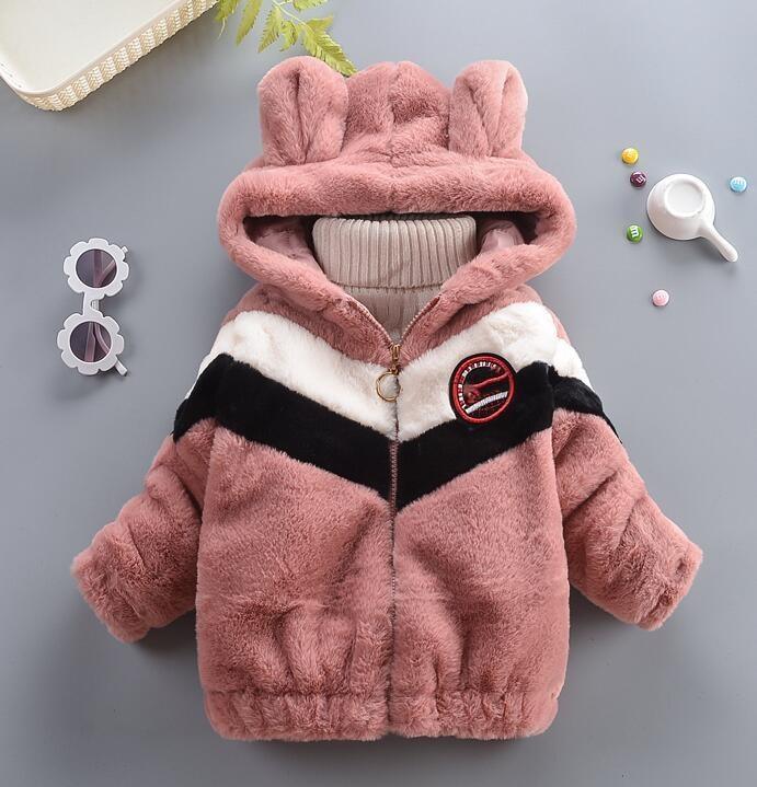 Baby Toddler Fleece Fur Winter Coat Stevvex pink hooded jacket with bunny ears and chevron on Tampa Home & Garden Store