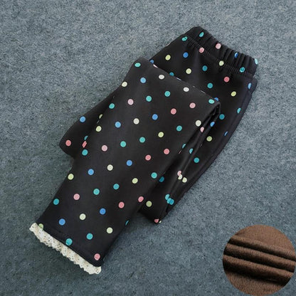 Stevvex kids polka dot thick leggings, black with pastel dots, lace-trim cuff, 2 pairs on Tampa Home & Garden Store