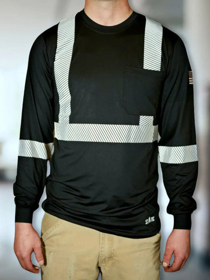 Non FR hi-vis black long sleeve shirt by Static FR with reflective stripes shoulders and chest on Tampa Home & Garden Store