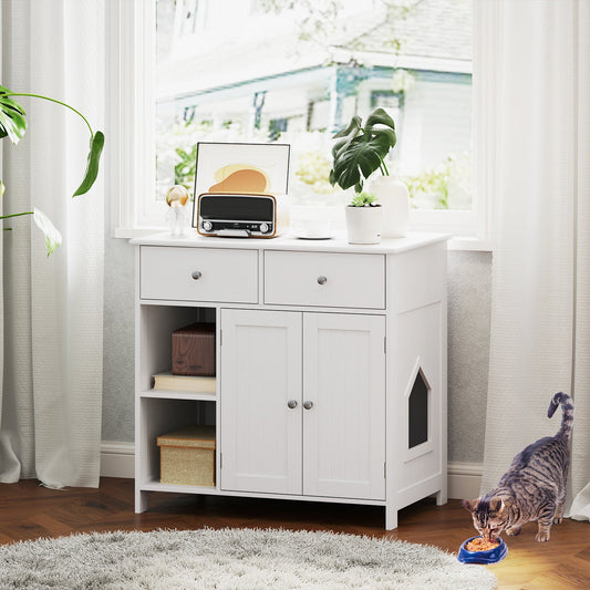 Hidden Cat Washroom Side Cabinet Wooden Pet House with 2 Drawers-White - Tampa Home & Garden Store