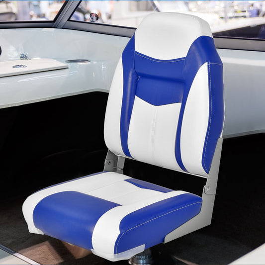 High Back Folding Boat Seat with Blue White Sponge Cushion and Flexible Hinges-Blue - Tampa Home & Garden Store