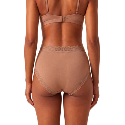 Organic Lace High Rise Brief beige organic cotton by Net Positive, back view with scalloped lace trim on Tampa Home & Garden Store