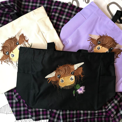 Highland Coo Cute Cow Scottish Thistle Embroidered Tote - Tampa Home & Garden Store