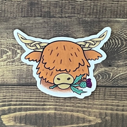 Highland Coo with Celtic Knot Horns 3 inch Sticker - Tampa Home & Garden Store