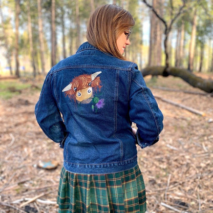 Highland Cow Embroidered Denim Jean Jacket Heilan Coo - Tampa Home & Garden Store