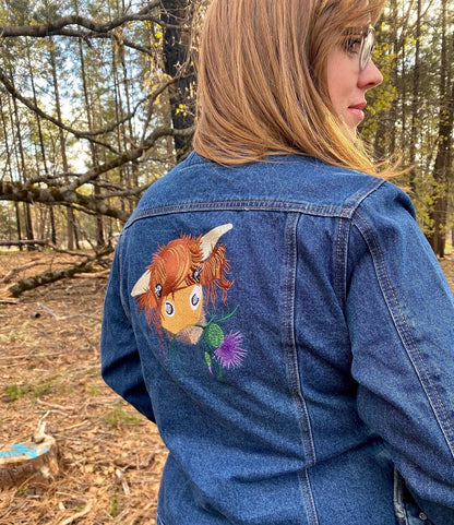 Highland Cow Embroidered Denim Jean Jacket Heilan Coo - Tampa Home & Garden Store