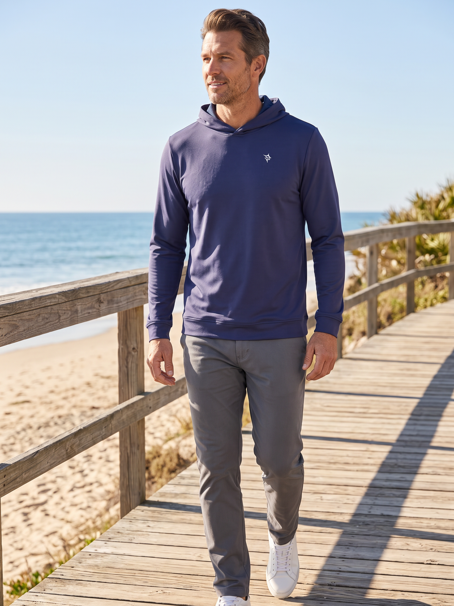 Hillside Performacne Hoodie navy by White Water Life with small white chest logo on Tampa Home & Garden Store