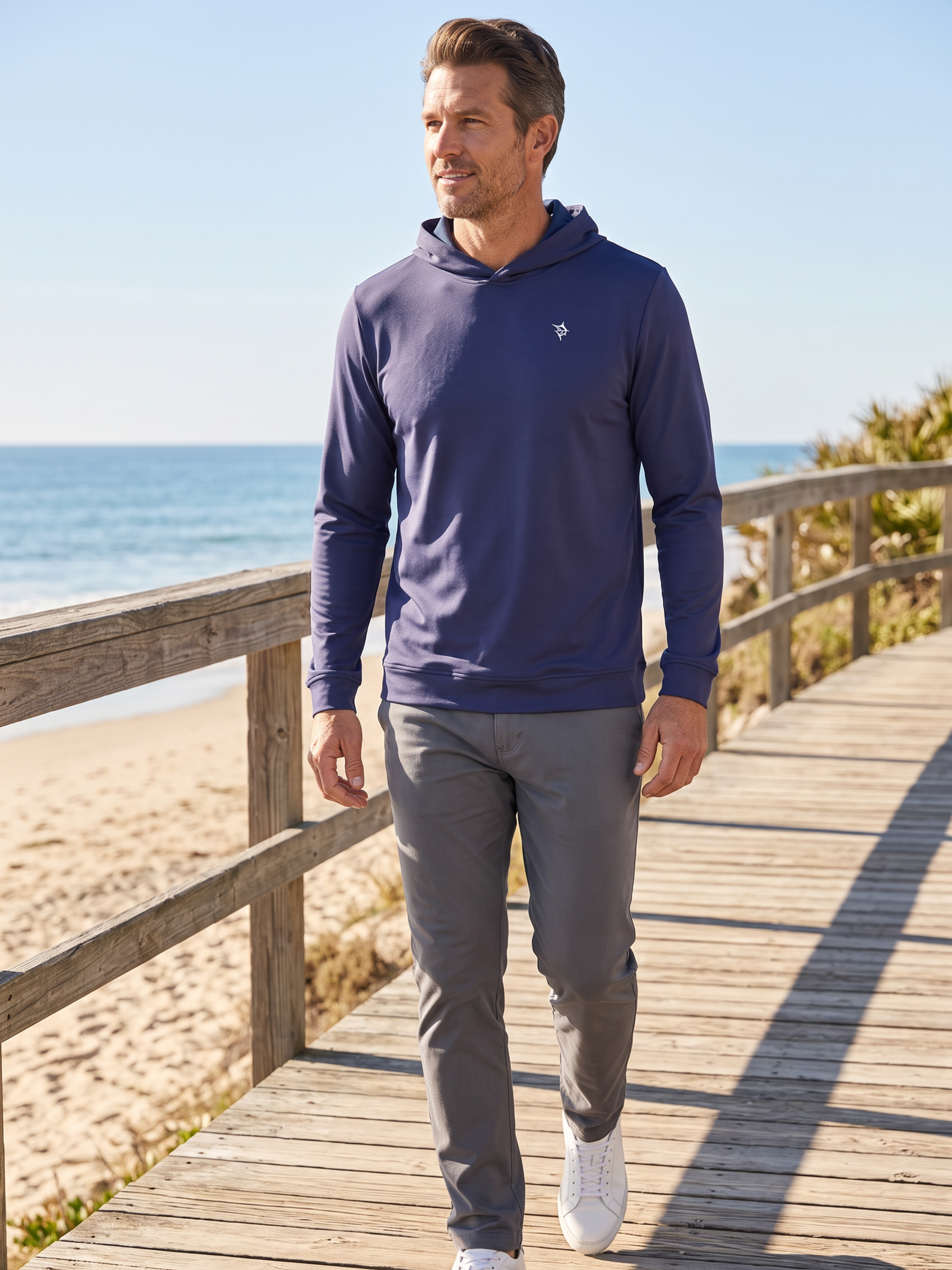 Hillside Performacne Hoodie navy by White Water Life with small white chest logo on Tampa Home & Garden Store