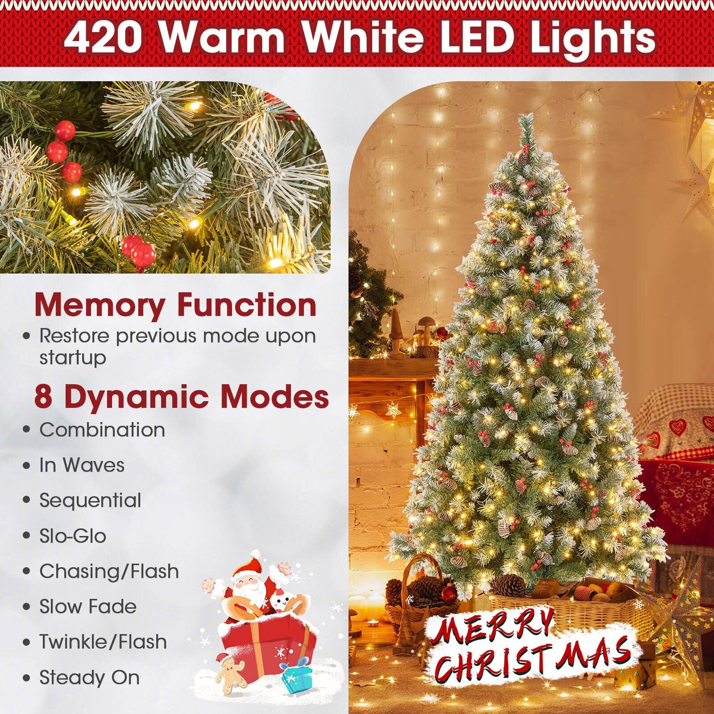 Árbol de Navidad Articulado con 450 Puntas de PVC y 200 Luces LED Blancas Cálidas-1.98 m