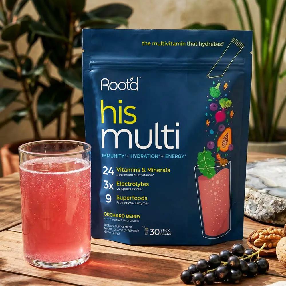 Root'd his multi electrolytes vitamins powder for men, orchard berry flavor, blue pouch on Tampa Home & Garden Store