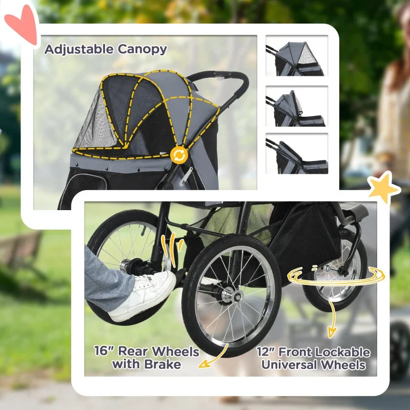 3 Wheels Pet Stroller for Small and Medium Dogs with adjustable canopy and 16in rear wheels on Tampa Home & Garden Store