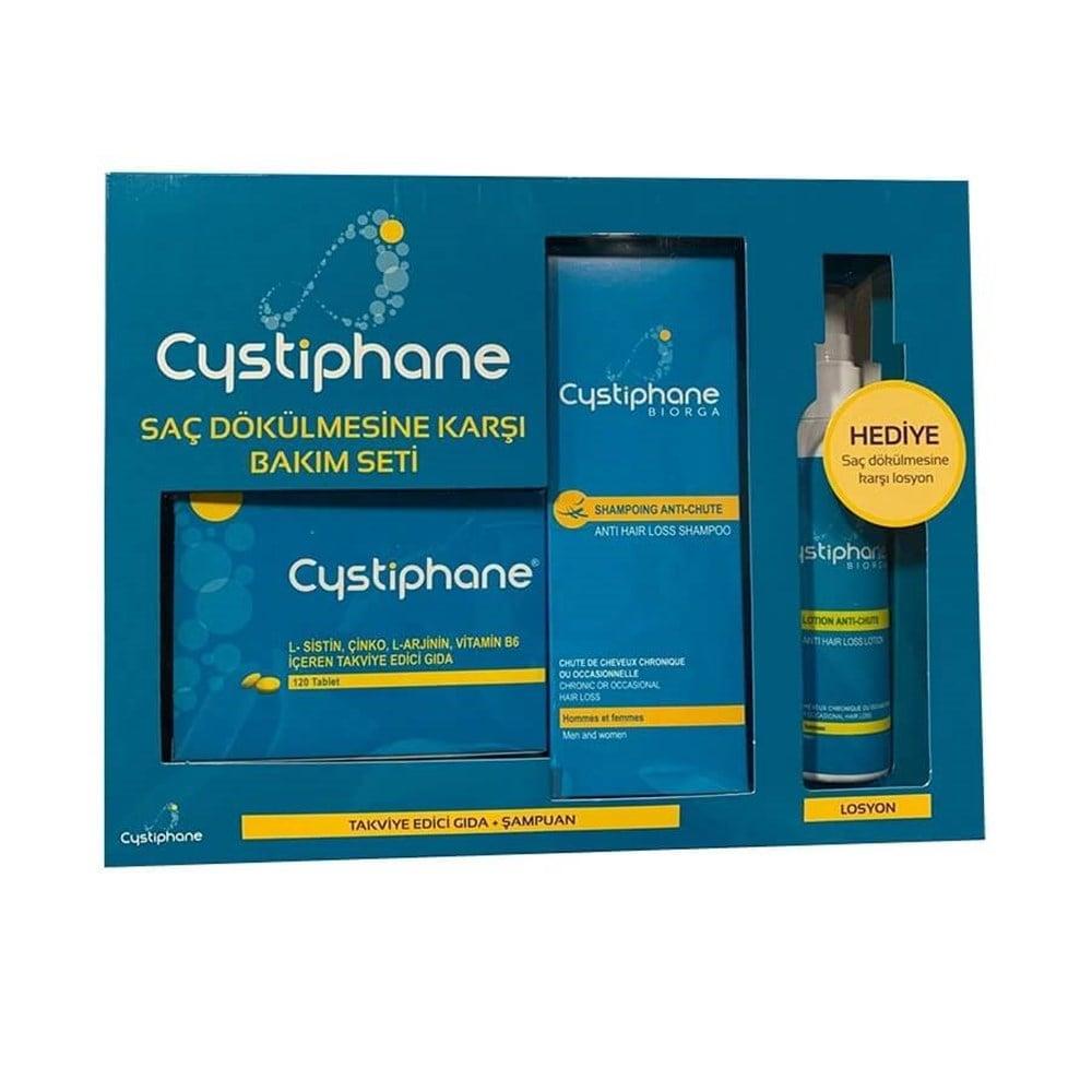 Cystiphane hair care set with anti-hair loss shampoo, lotion and supplement in blue packaging on Tampa Home & Garden Store