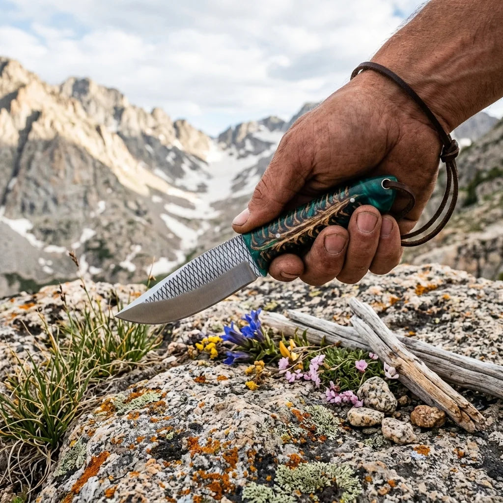 Rasp Steel Western Ranch Knife with green pine cone resin handle and leather sheath outdoors on Tampa Home & Garden Store