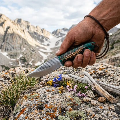 Rasp Steel Western Ranch Knife with green pine cone resin handle and leather sheath outdoors on Tampa Home & Garden Store