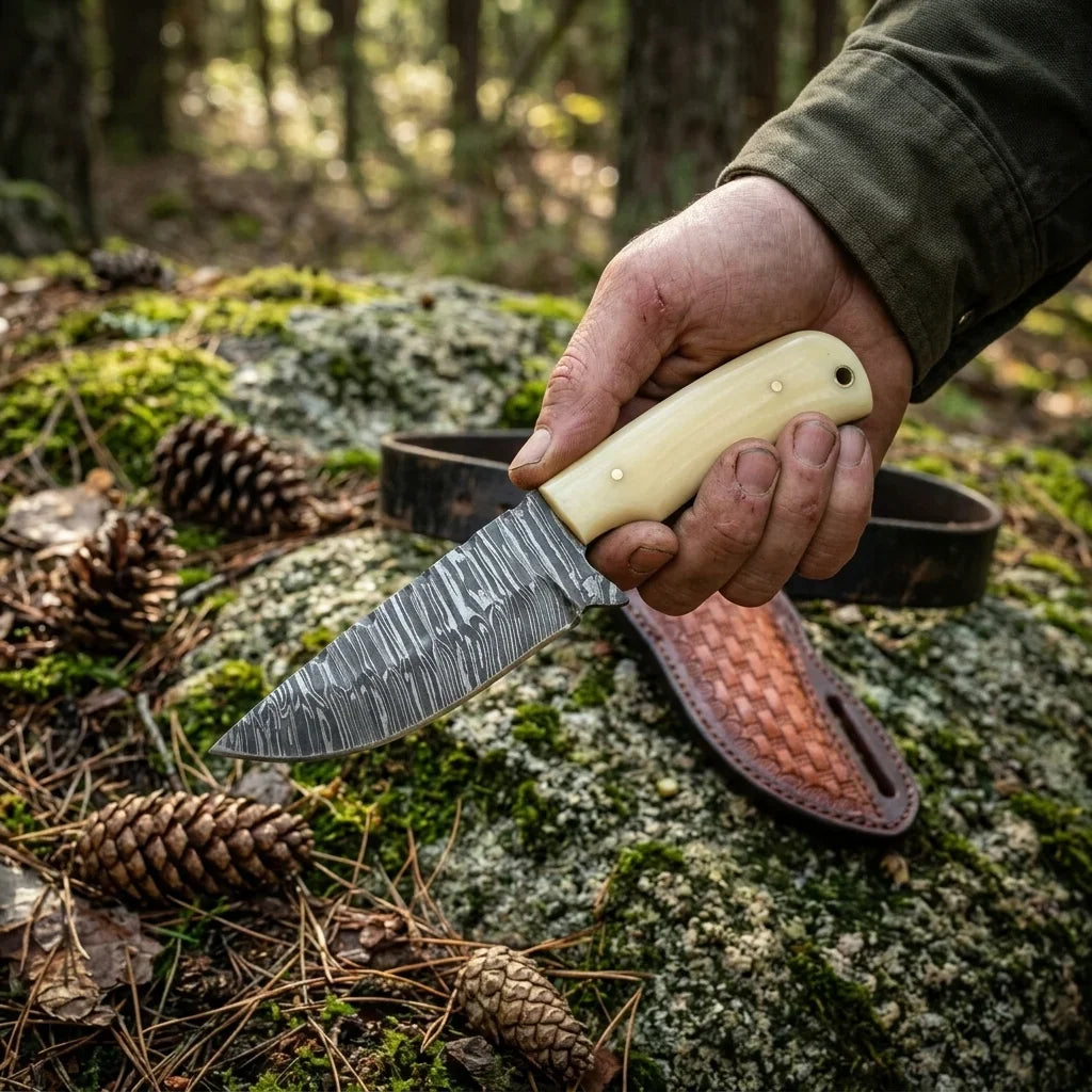 Western Ranch Knife with fire Damascus blade and ivory bone handle, outdoors beside sheath on Tampa Home & Garden Store