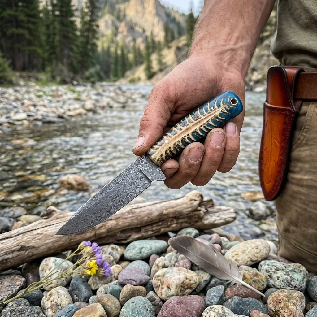Western Ranch Knife with blue pine cone resin handle and Damascus blade, leather sheath on Tampa Home & Garden Store