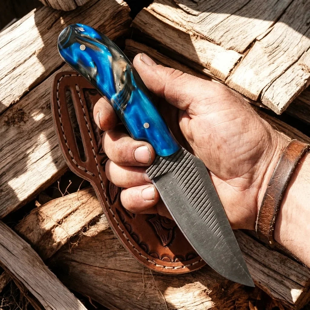 The Doc Holliday custom handmade ranch knife with blue epoxy resin handle and rasp steel blade on Tampa Home & Garden Store