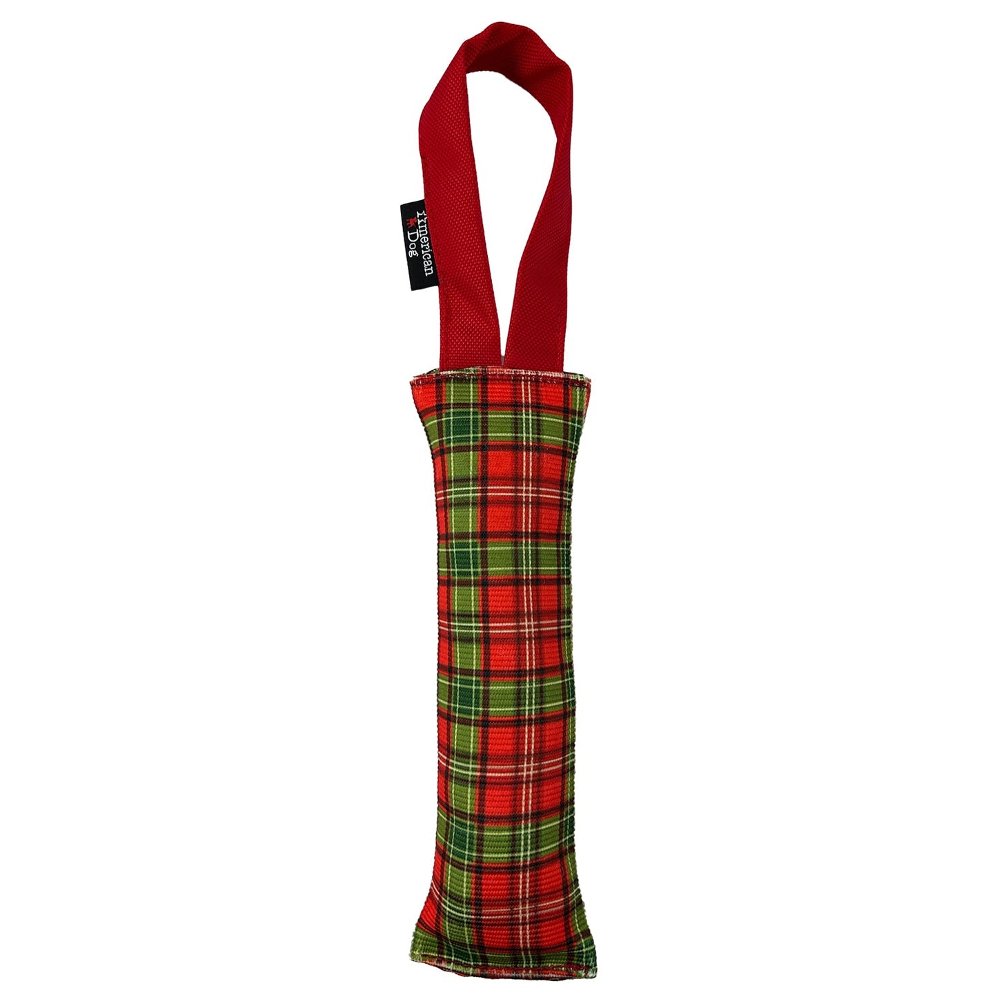 Fire Hose Dog Toy Tugs by American Dog with red loop handles and green plaid fabric body on Tampa Home & Garden Store