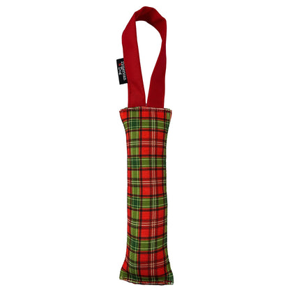 Fire Hose Dog Toy Tugs by American Dog with red loop handles and green plaid fabric body on Tampa Home & Garden Store