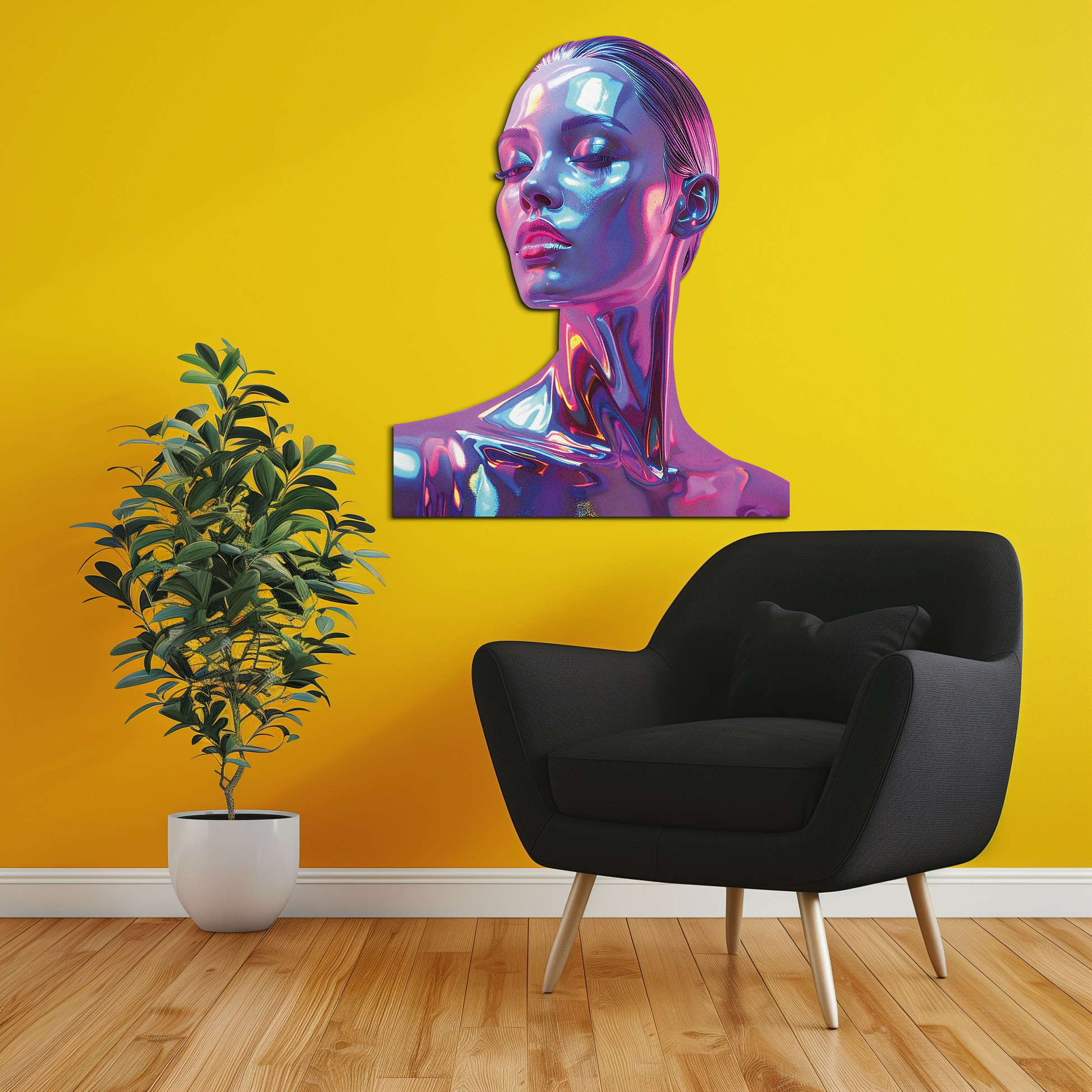 Holographic Woman Portrait Metal Wall Art – Futuristic UV Decor-KAFUVM009 - Tampa Home & Garden Store