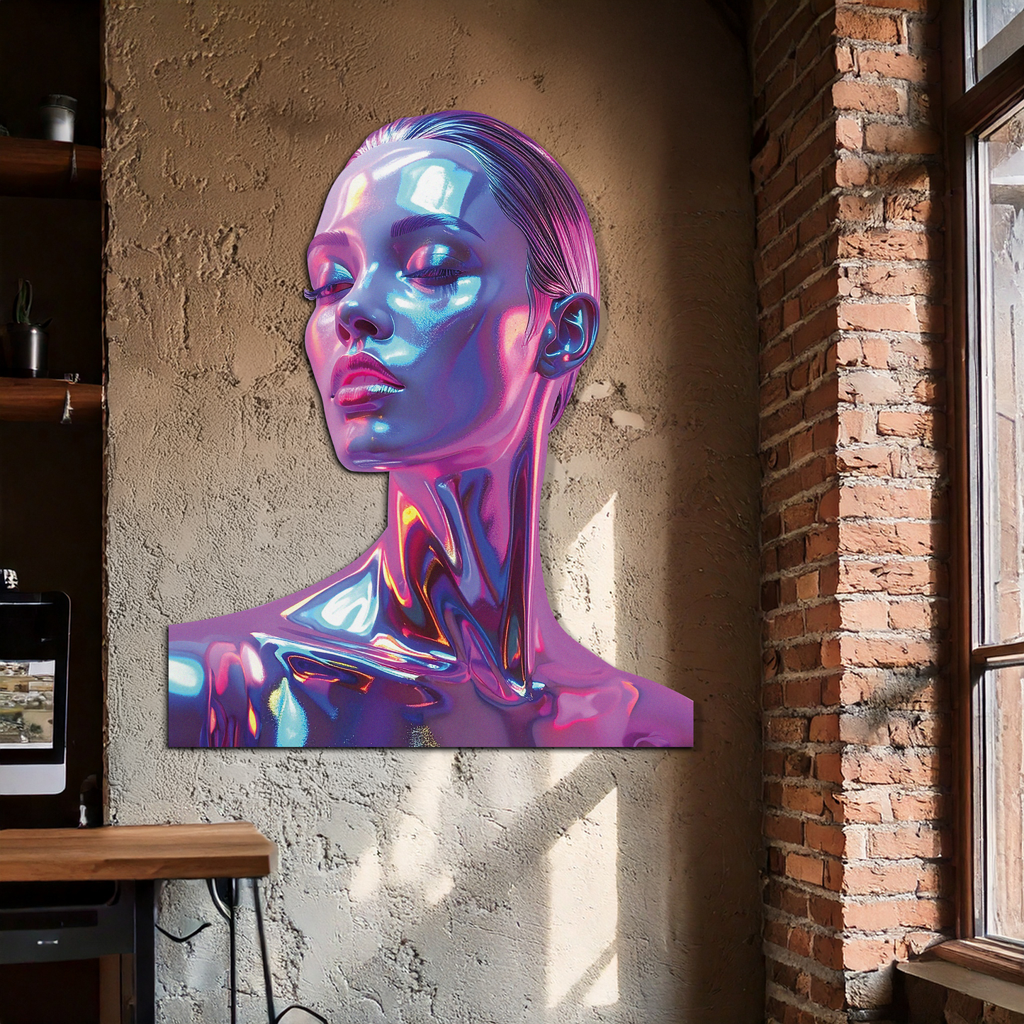 Holographic Woman Portrait Metal Wall Art – Futuristic UV Decor-KAFUVM009 - Tampa Home & Garden Store