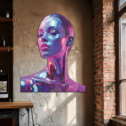 Holographic Woman Portrait Metal Wall Art – Futuristic UV Decor-KAFUVM009 - Tampa Home & Garden Store