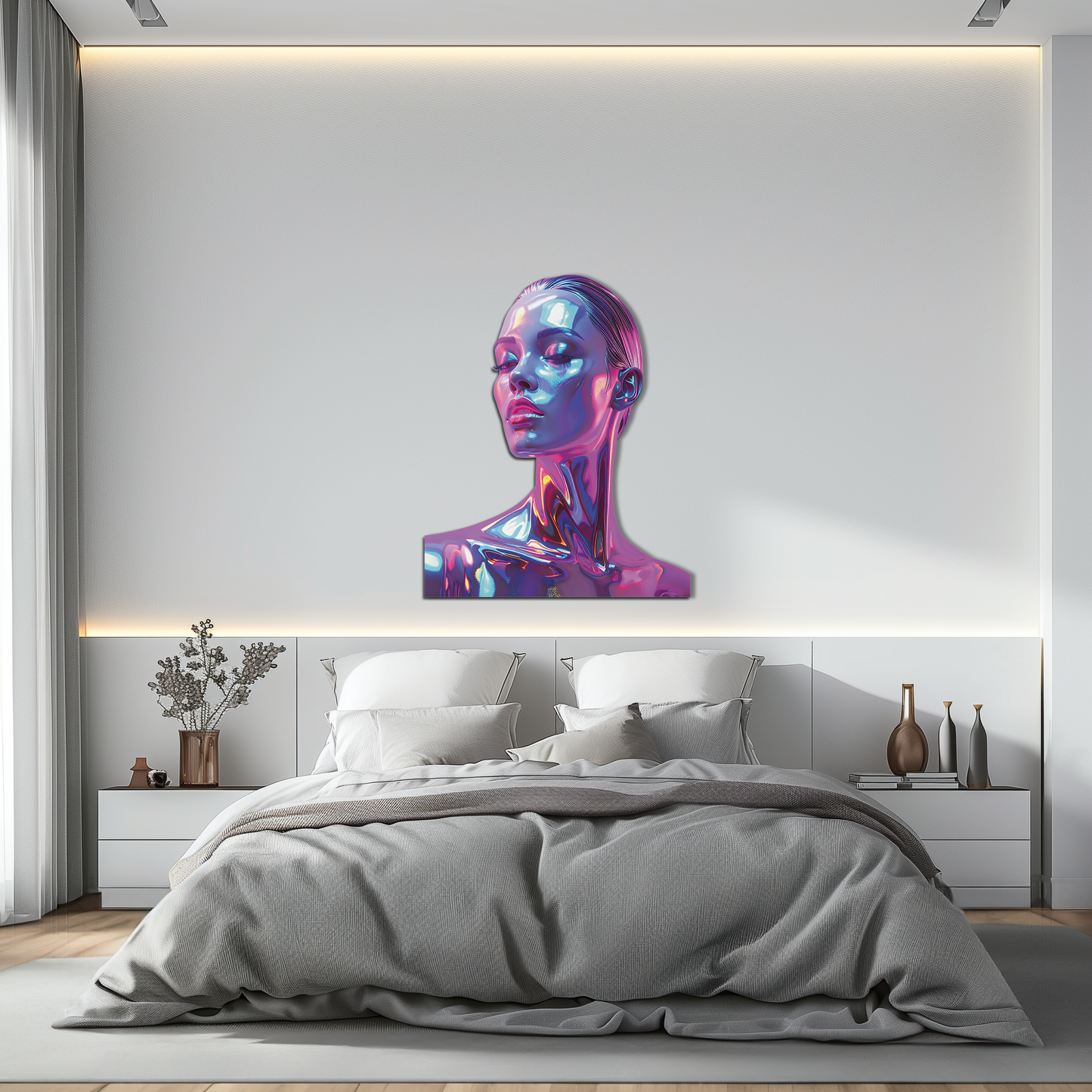 Holographic Woman Portrait Metal Wall Art – Futuristic UV Decor-KAFUVM009 - Tampa Home & Garden Store
