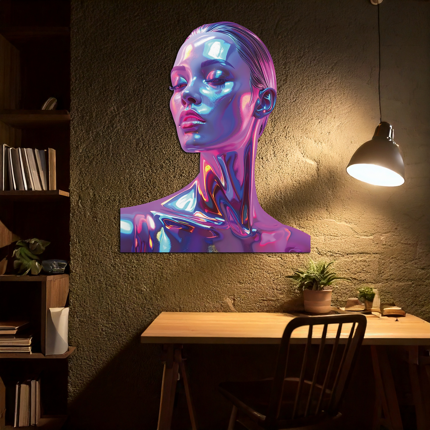 Holographic Woman Portrait Metal Wall Art – Futuristic UV Decor-KAFUVM009 - Tampa Home & Garden Store