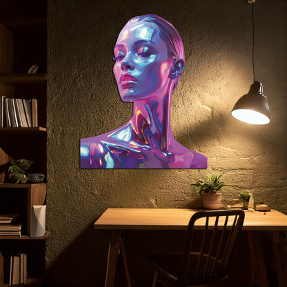 Holographic Woman Portrait Metal Wall Art – Futuristic UV Decor-KAFUVM009 - Tampa Home & Garden Store