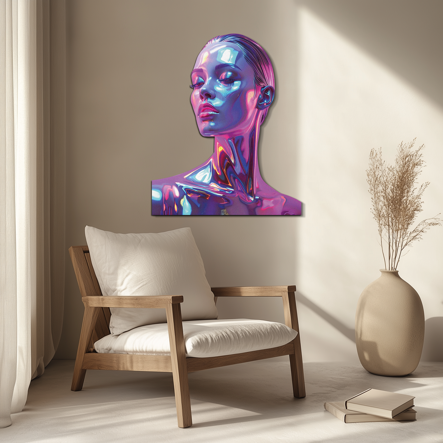 Holographic Woman Portrait Metal Wall Art – Futuristic UV Decor-KAFUVM009 - Tampa Home & Garden Store
