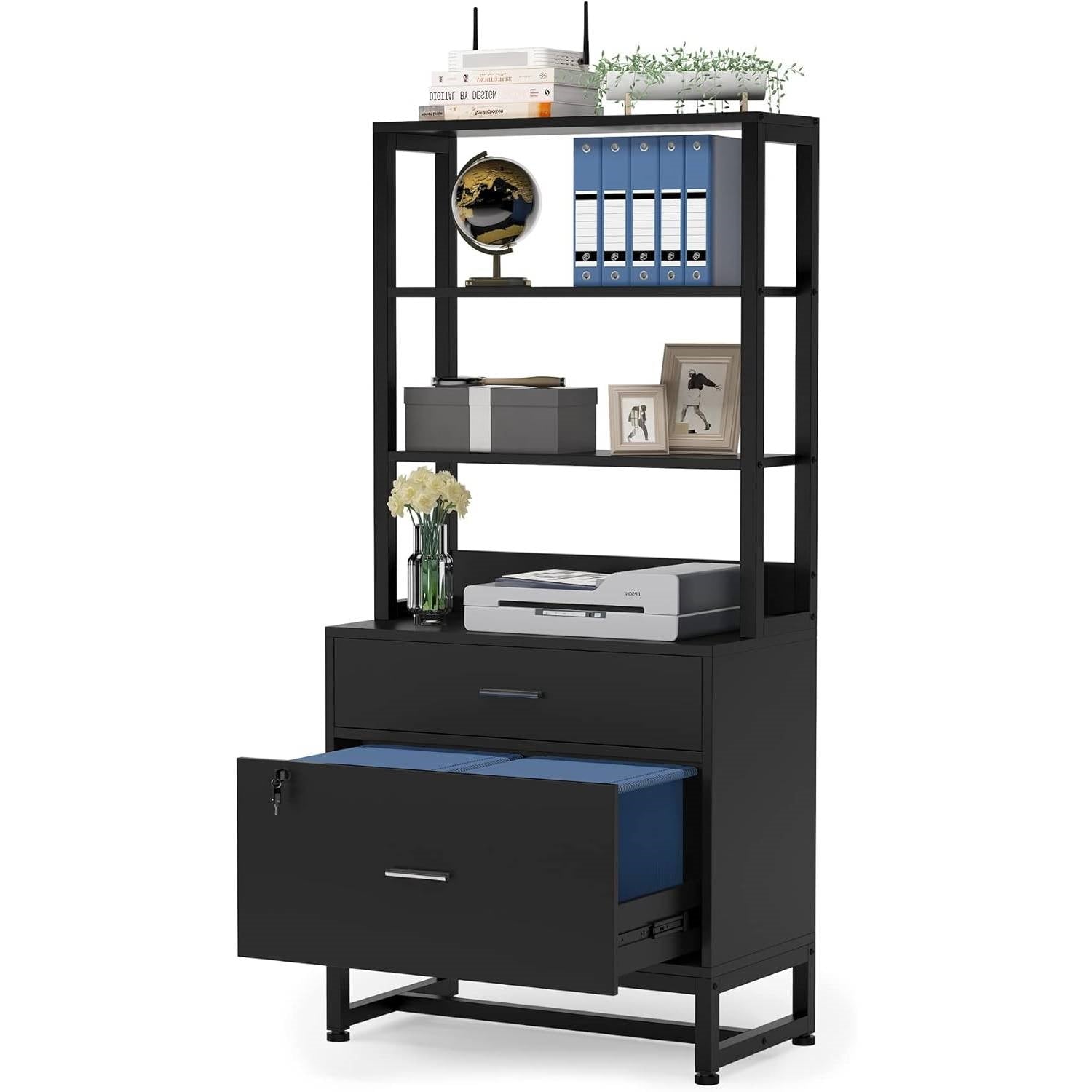 Home Office Lockable 2 Drawer Filing Cabinet Bookshelf in Black Wood Finish - Tampa Home & Garden Store