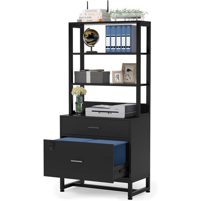 Home Office Lockable 2 Drawer Filing Cabinet Bookshelf in Black Wood Finish - Tampa Home & Garden Store