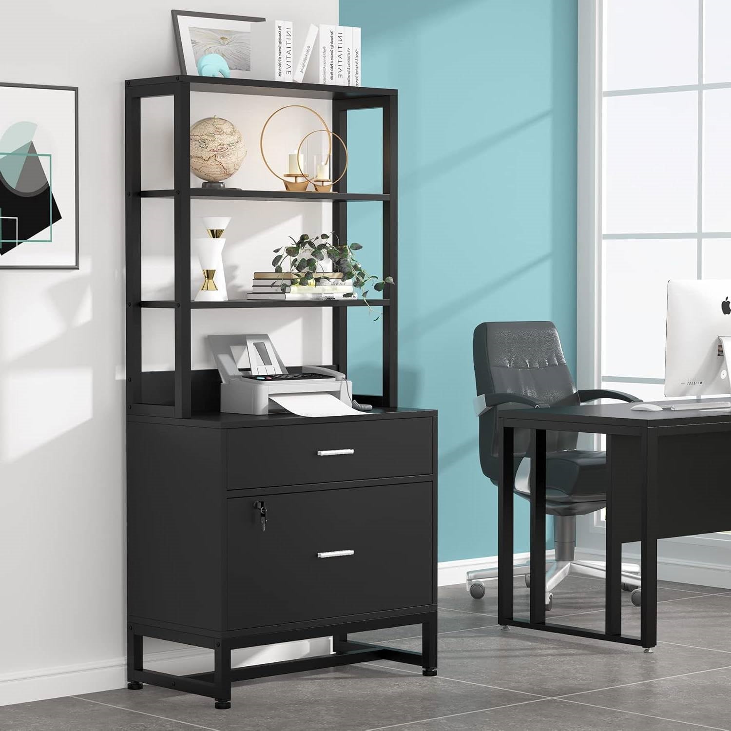 Home Office Lockable 2 Drawer Filing Cabinet Bookshelf in Black Wood Finish - Tampa Home & Garden Store