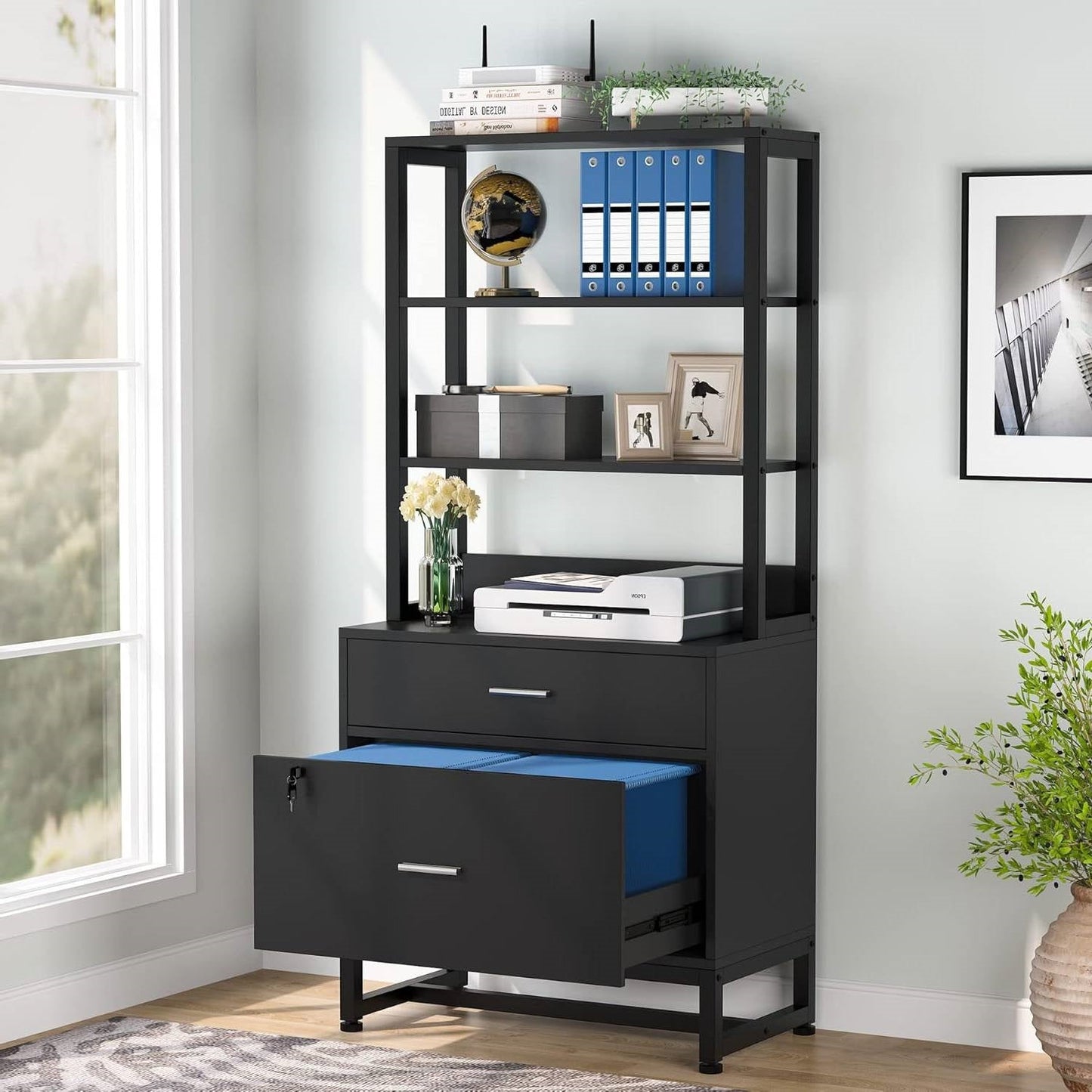 Home Office Lockable 2 Drawer Filing Cabinet Bookshelf in Black Wood Finish - Tampa Home & Garden Store