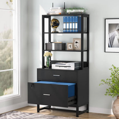 Home Office Lockable 2 Drawer Filing Cabinet Bookshelf in Black Wood Finish - Tampa Home & Garden Store