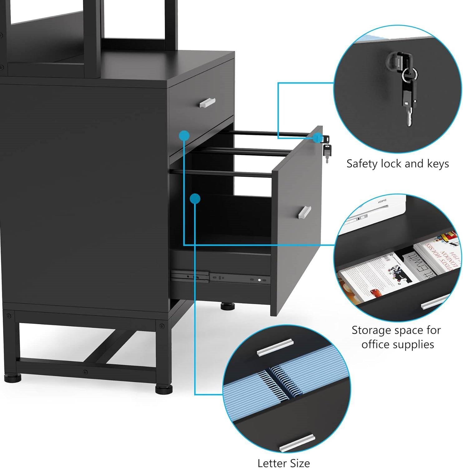 Home Office Lockable 2 Drawer Filing Cabinet Bookshelf in Black Wood Finish - Tampa Home & Garden Store