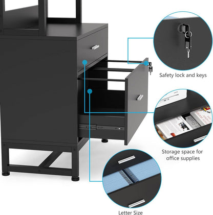 Home Office Lockable 2 Drawer Filing Cabinet Bookshelf in Black Wood Finish - Tampa Home & Garden Store