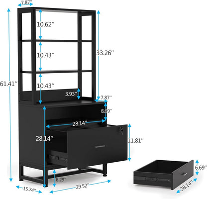 Home Office Lockable 2 Drawer Filing Cabinet Bookshelf in Black Wood Finish - Tampa Home & Garden Store