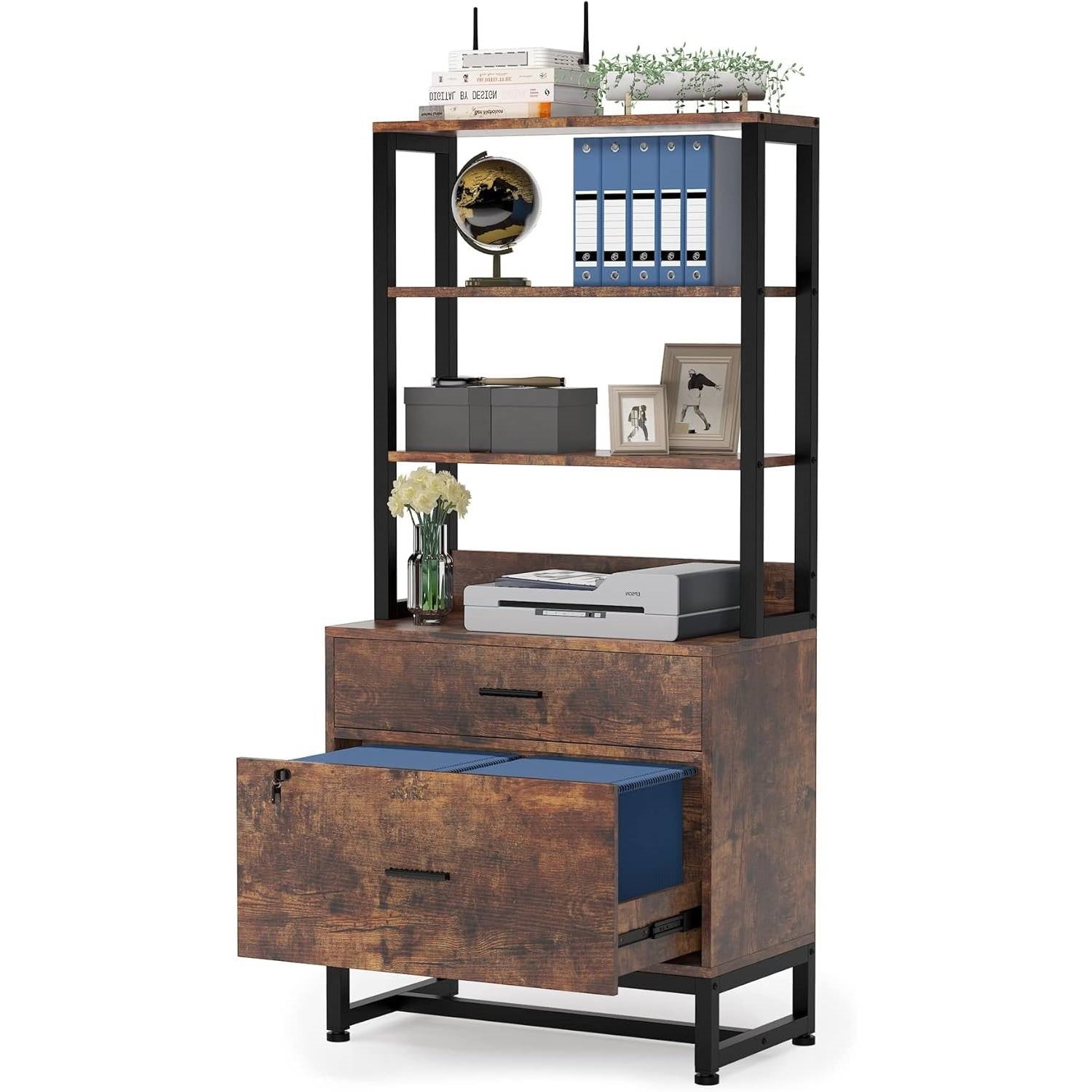 Home Office Lockable 2 Drawer Filing Cabinet Bookshelf in Brown Wood Finish - Tampa Home & Garden Store